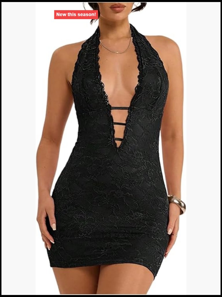 Sexy Plunge V Neck Lace Halter Mini Dress Bodycon Club Rave Outfits